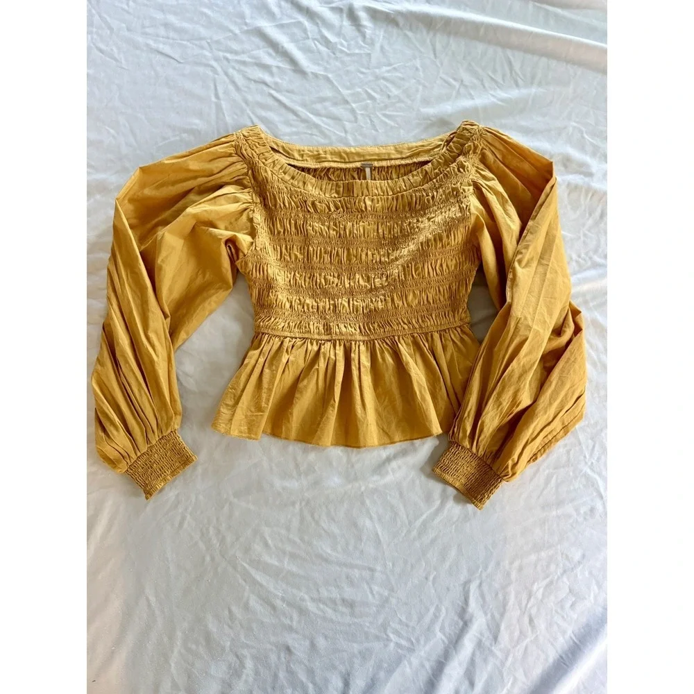 Free People Whoa Ruffle Top blouse mustard yellow XS 100% Cotton Boho Romantic